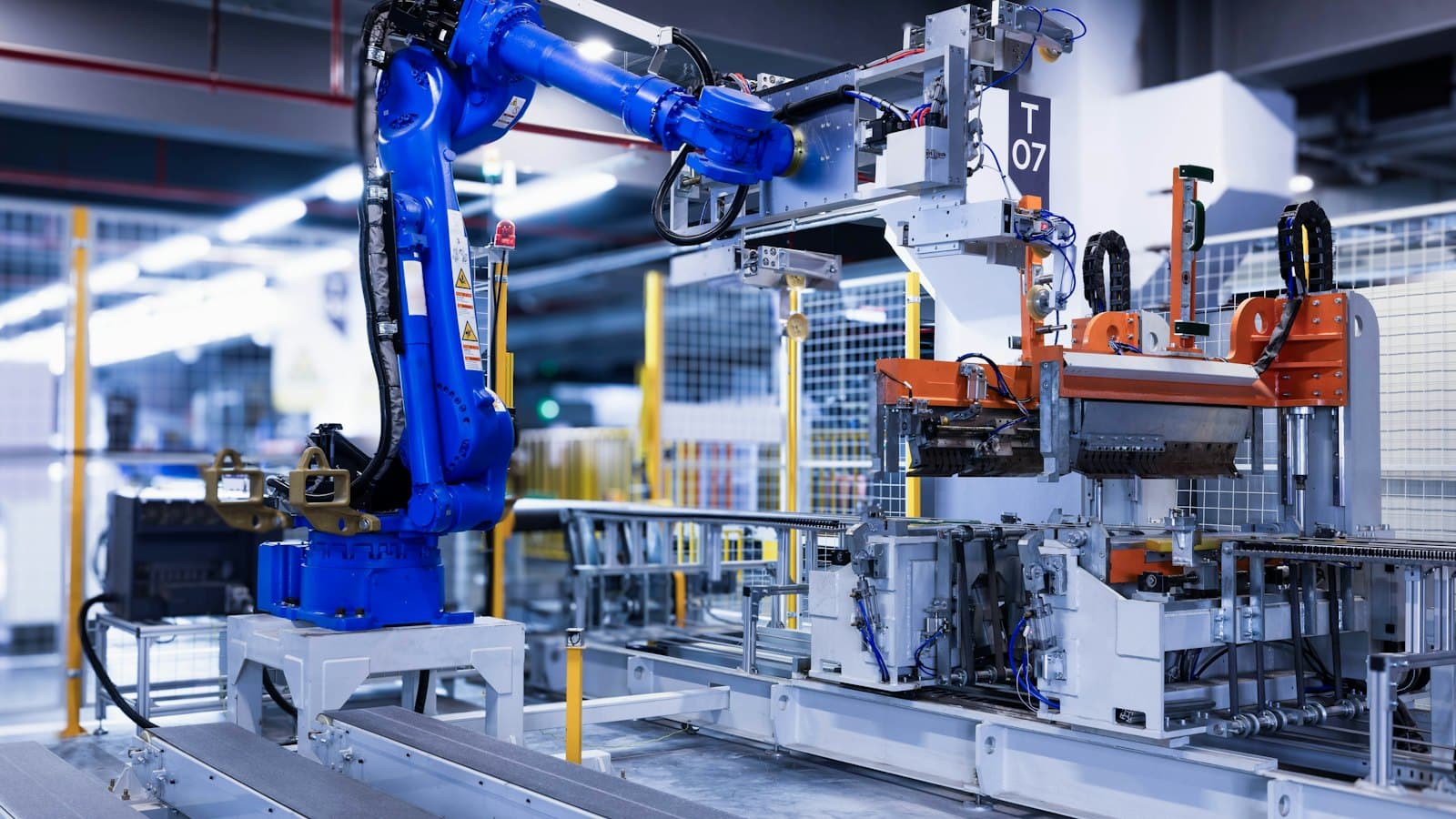 A blue industrial robot arm working on a factory production line