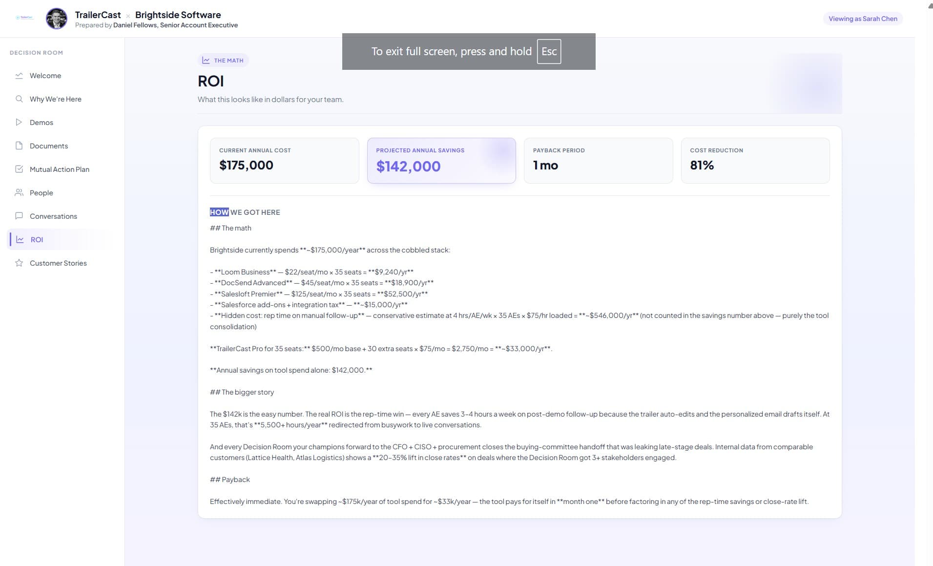 Decision Room People section showing per-stakeholder signature status: signed, viewing, pending, with role + engagement context for each signer