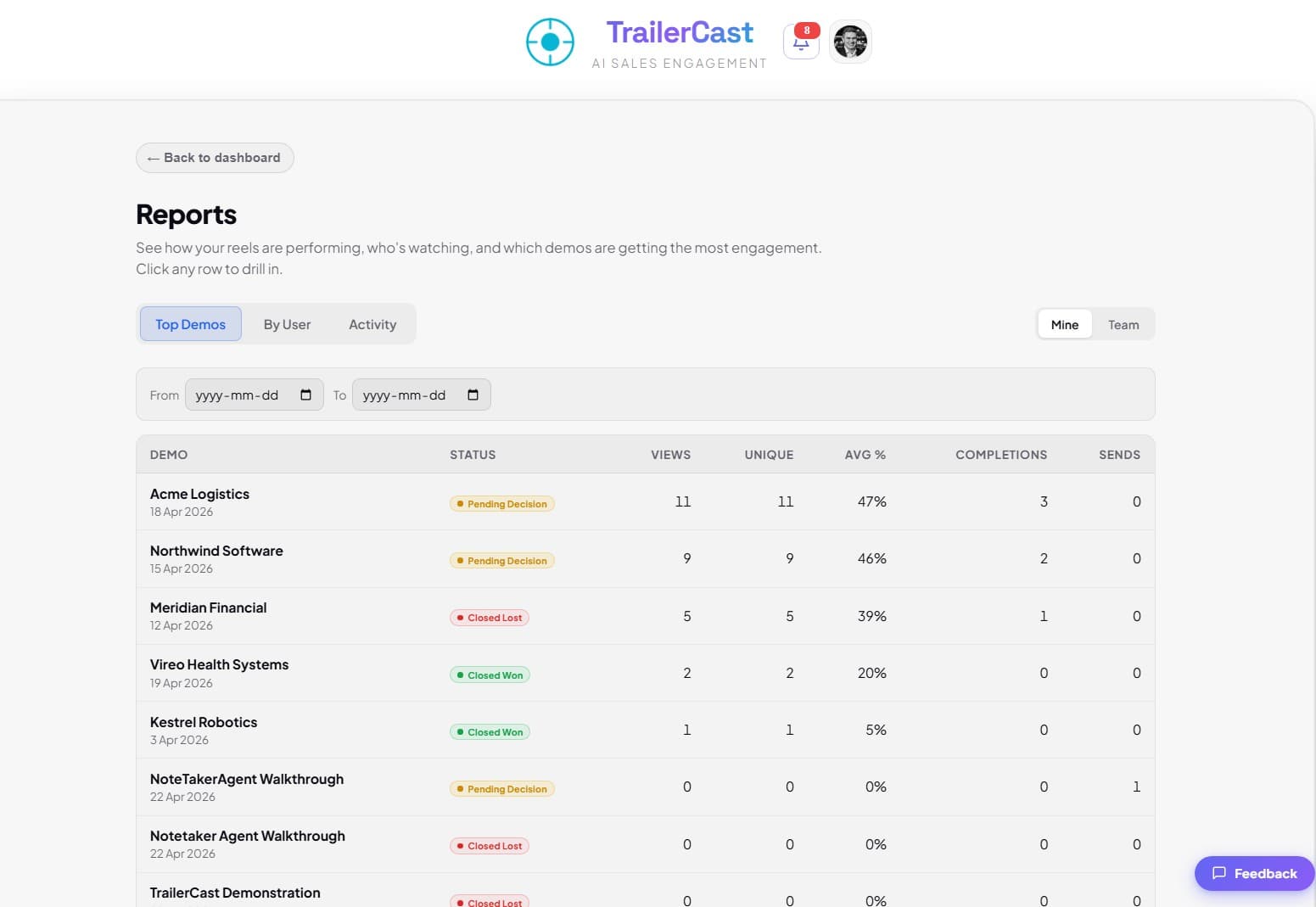 TrailerCast activity log on a HubSpot deal — sent, view, reply events with deep-links back to the recording