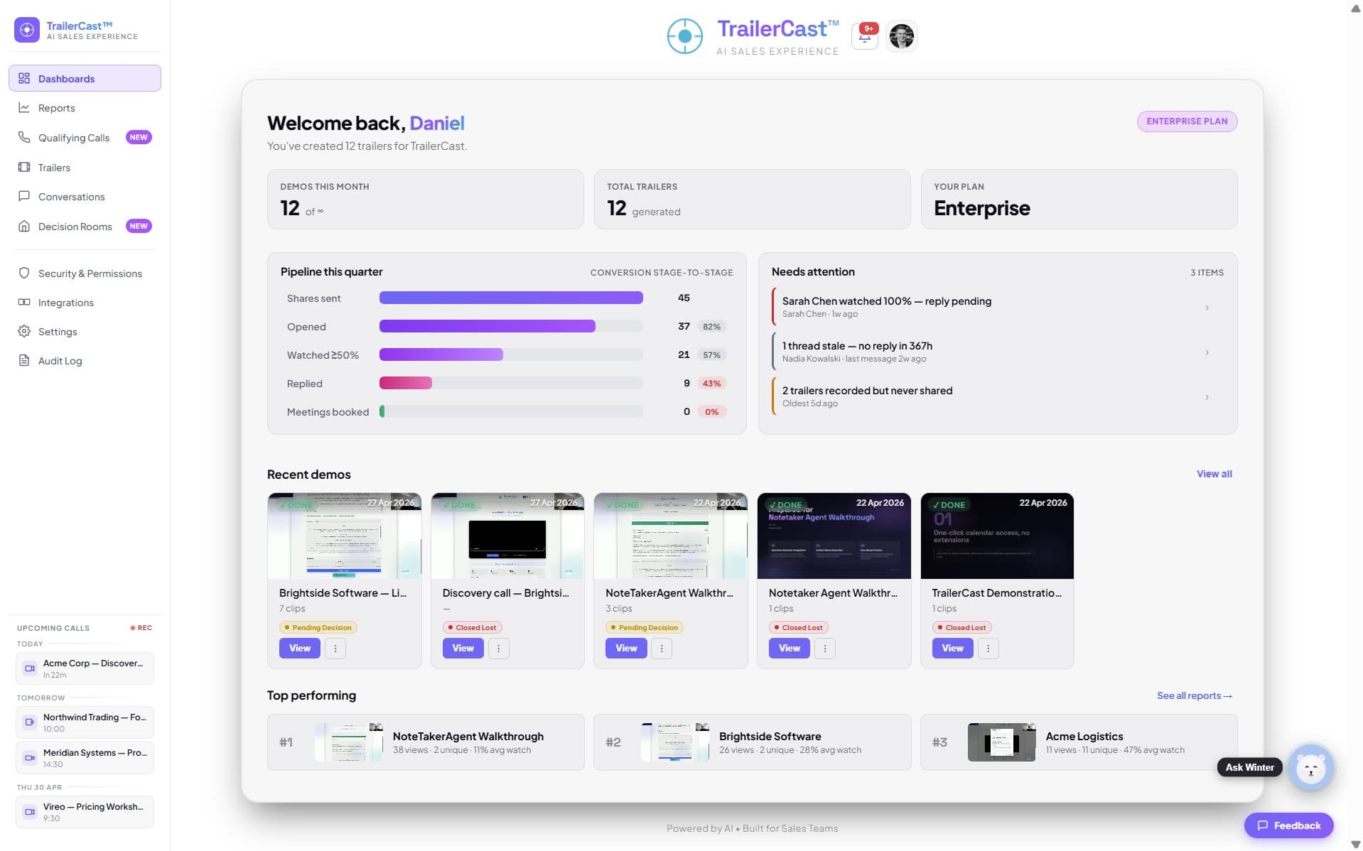 TrailerCast seller dashboard — recordings auto-linked to the right HubSpot Deal or Salesforce Opportunity