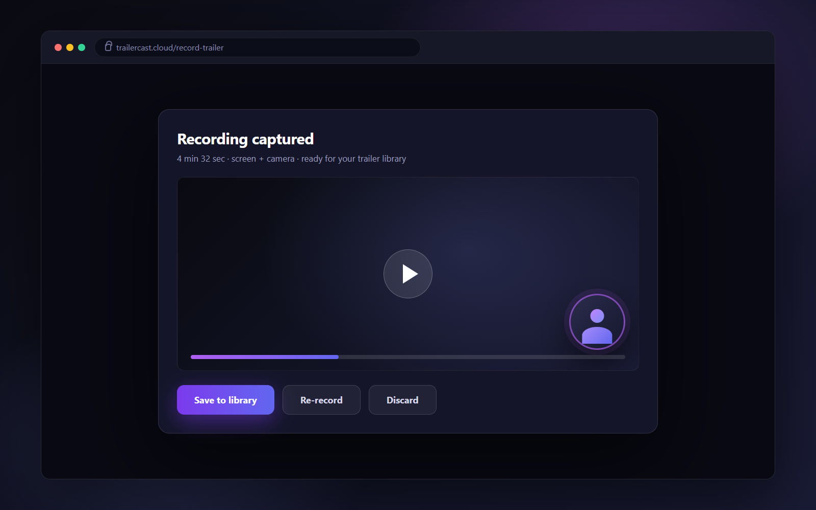 Post-record preview modal showing the captured async demo with save, re-record, and discard options