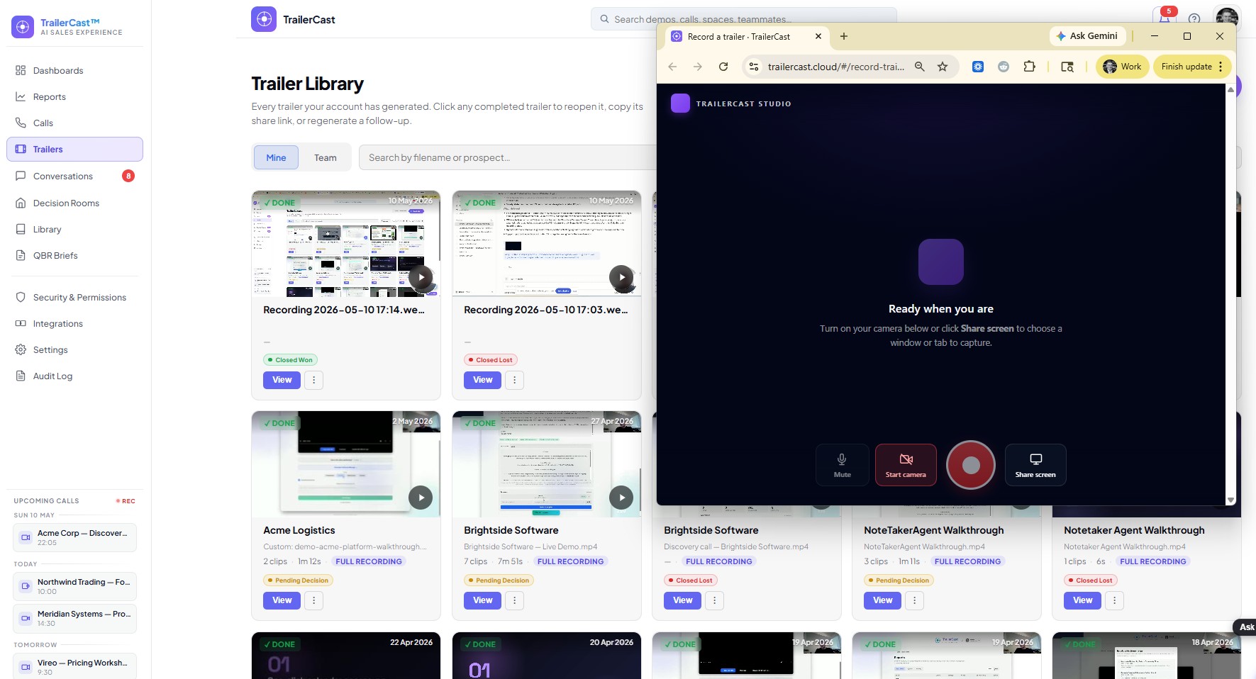 Post-record preview modal showing the captured async demo with save and rebuild options