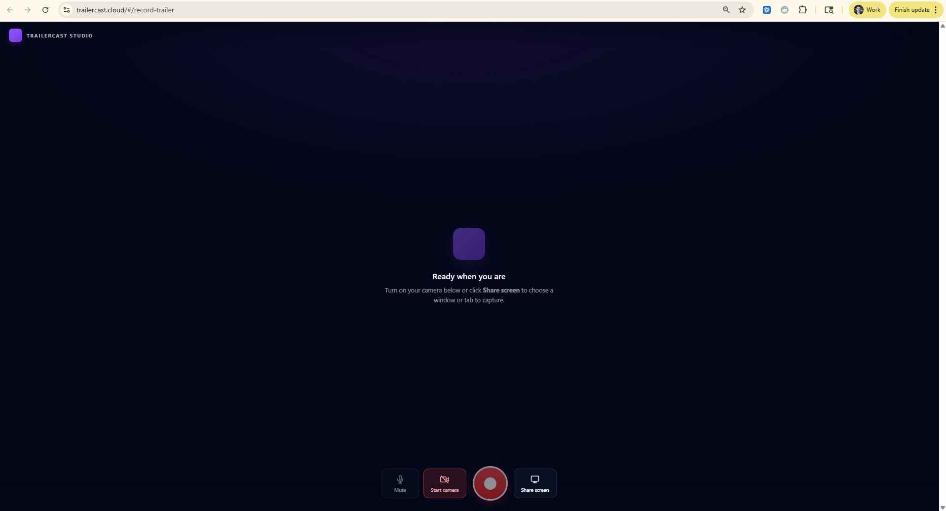 Browser Recording setup view with three layout options: screen + camera PiP, screen only, camera only